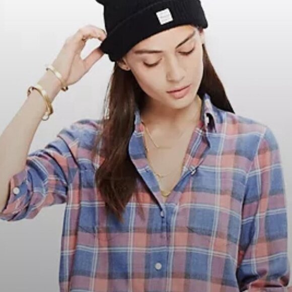 Madewell Rivet & Thread Harvey Plaid Popover Shirt Size Small Cotton Pink Blue S - Picture 1 of 14